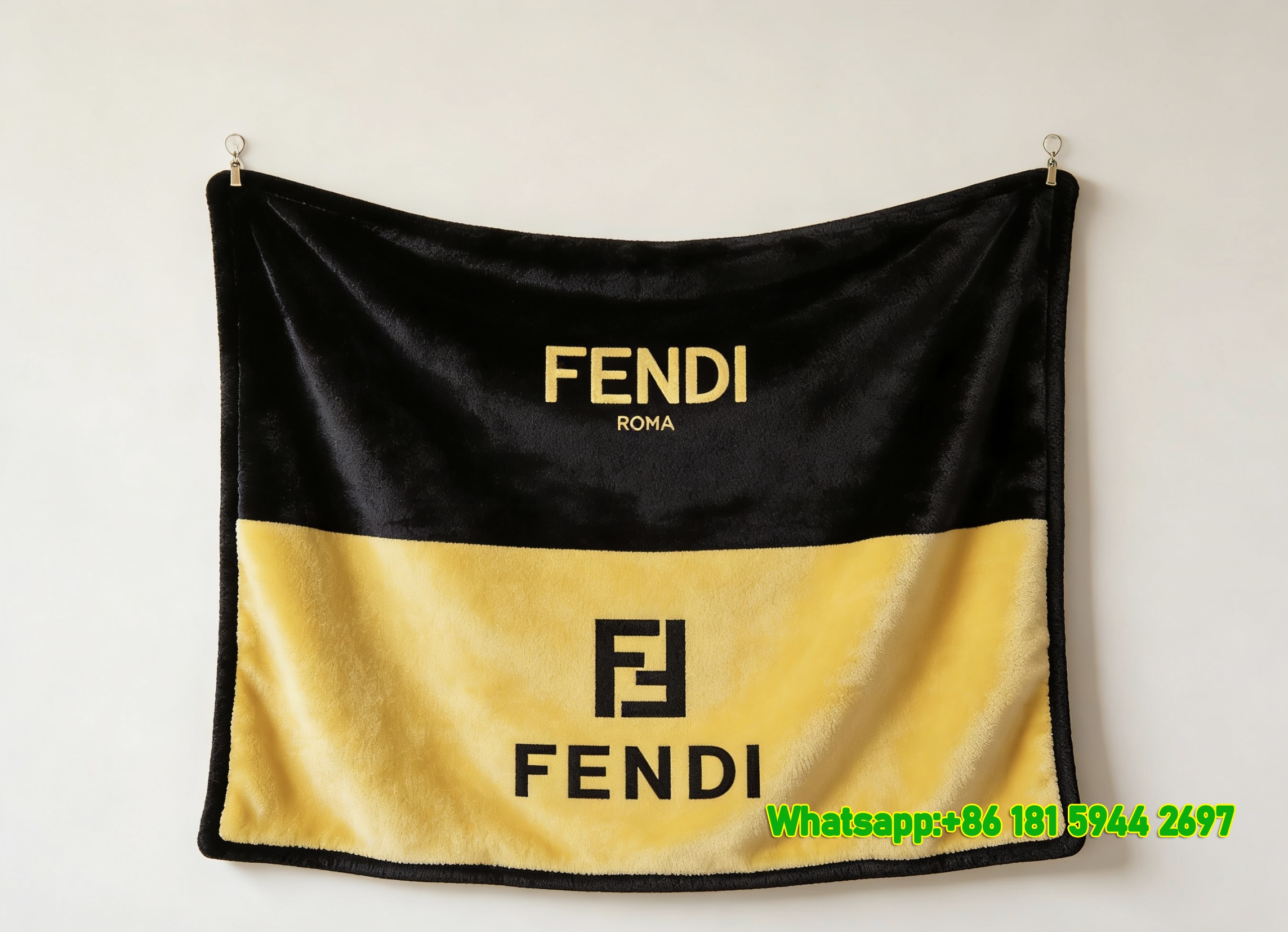 Fendi Roma Two-Tone Black Yellow FF Logo Flannel Sofa Throw Blanket Luxury Designer IMG_9330